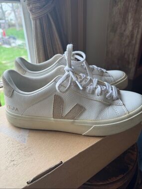 Veja Women’s Leather Sneakers in White with Tan V